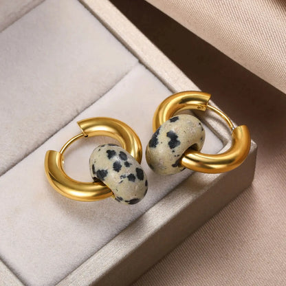Leopard Bead Opal Stainless Steel Hoop Earrings — Gold Color, Anti-Fading Wedding & Prom Jewelry for Women, Gift Accessory