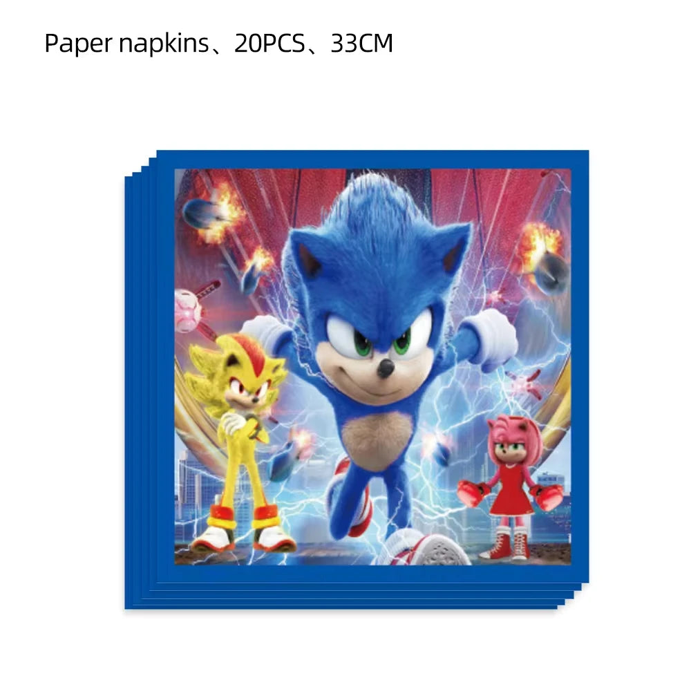 Sonic Cartoon Party Supplies Set – Disposable Tableware with Plates, Cups, Napkins & Balloons for Boys’ Birthday & Baby Shower Decor