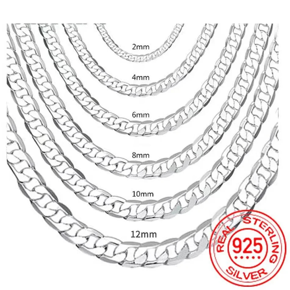 Men’s 925 Sterling Silver Face Chain Necklace — 2/4/6/8/10/12MM, 40–75cm with Lobster Clasp, Engagement Jewelry Gift for Men & Women