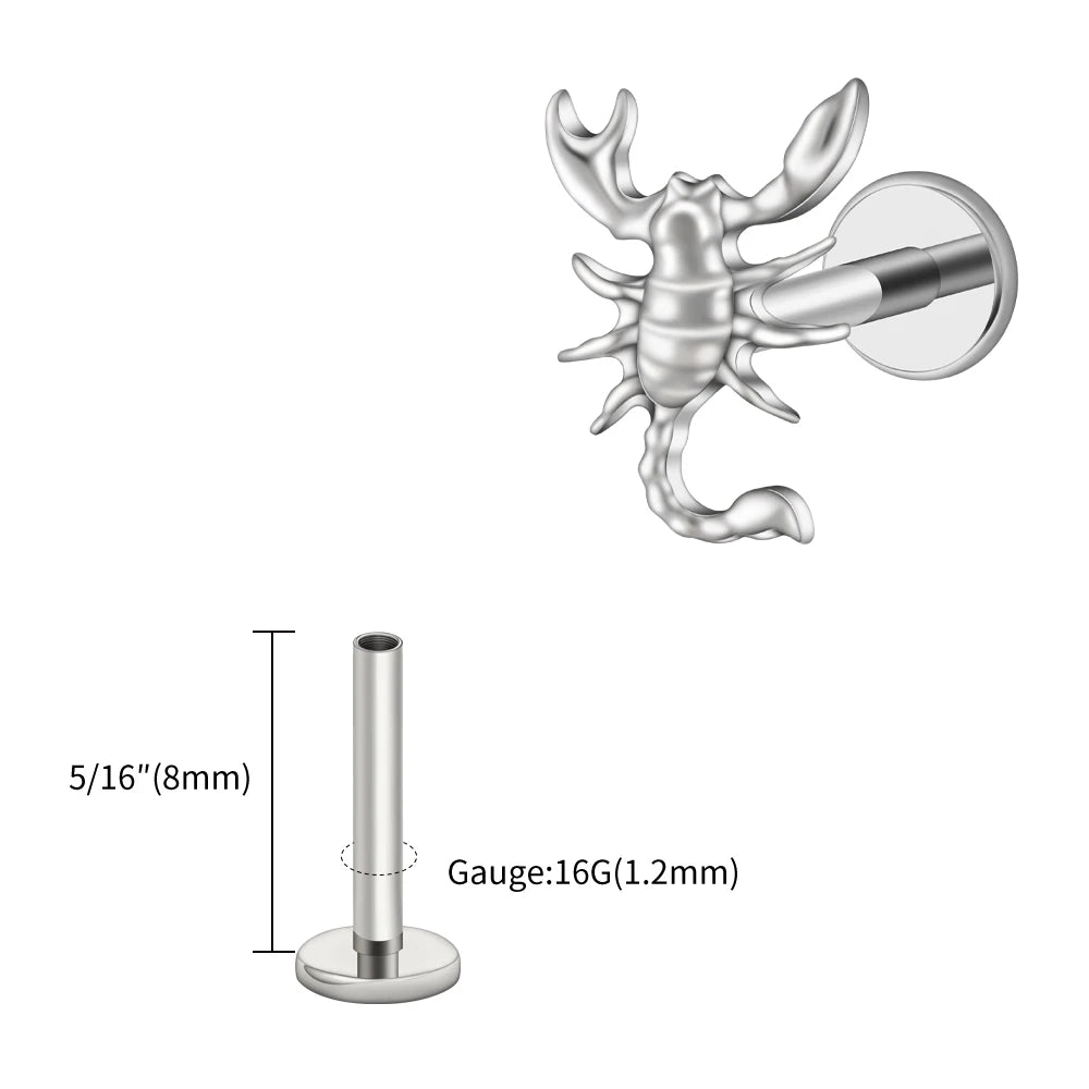Right Grand ASTM F136 Titanium 16G Scorpion Labret Stud Earring – Flatback Zodiac Design for Tragus, Helix & Cartilage Piercing Body Jewelry