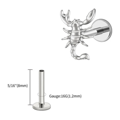 Right Grand ASTM F136 Titanium 16G Scorpion Labret Stud Earring – Flatback Zodiac Design for Tragus, Helix & Cartilage Piercing Body Jewelry