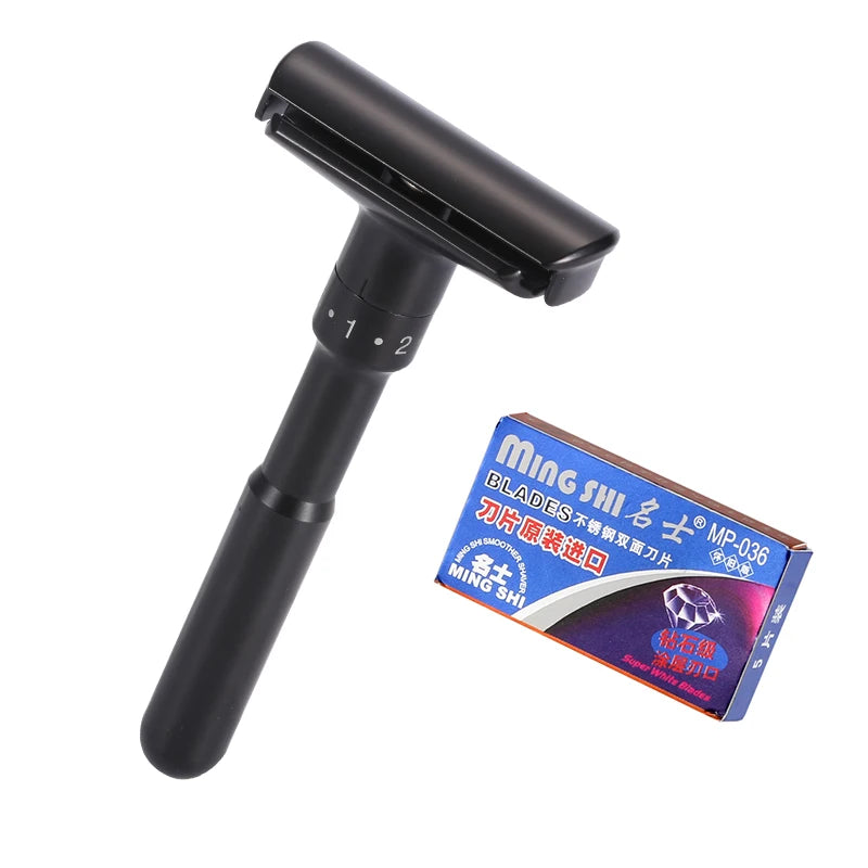 Mingshi Adjustable Safety Razor – Double Edge Classic Men’s Shaver with 1-6 Mild to Aggressive Settings and 5 Blades