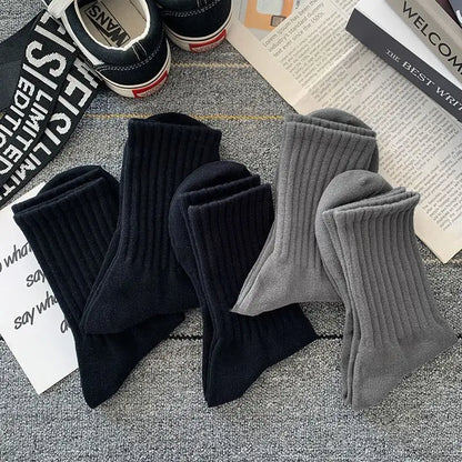 5 Pairs Cool Men's Socks Set – Black & White, Warm Autumn/Winter Sport Short Socks, Solid Color for Men