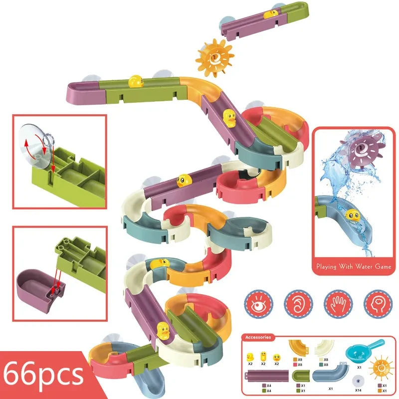 Baby Duck Bath Track Toy Set - DIY Stackable Marble Slide Water Game Toy for Kids Bathtub Fun Gift
