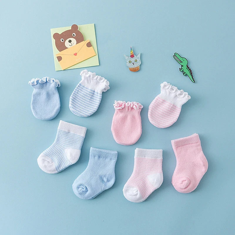 4-Pair Baby Socks & Gloves Set – Solid Color, Soft Cotton, Elastic Infant Toddler Ruffle Mittens for Newborn Girls & Boys