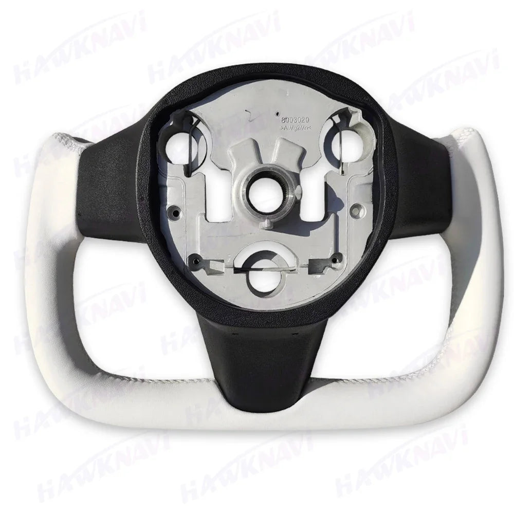 Hawknavi 350mm Yoke Steering Wheel – Leather Racing Style for Tesla Model 3 & Model Y, Heated Optional, White & Black