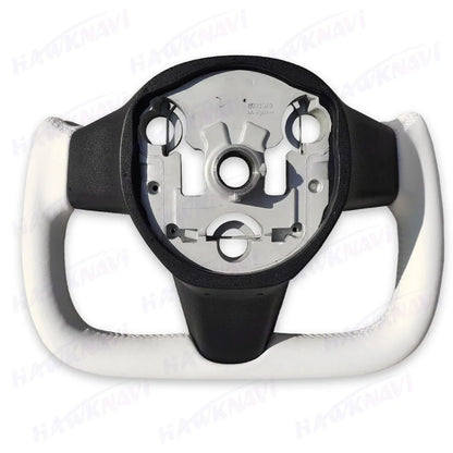 Hawknavi 350mm Yoke Steering Wheel – Leather Racing Style for Tesla Model 3 & Model Y, Heated Optional, White & Black