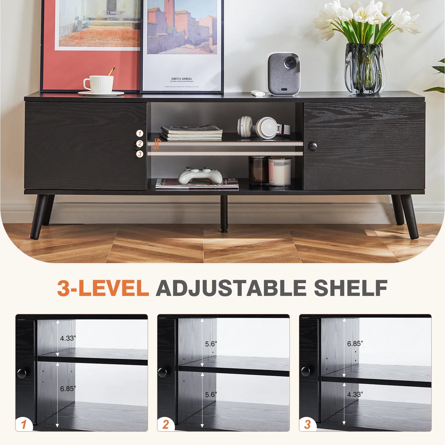 Wooden Fireplace TV Stand for 60 Inch TV – Living Room Entertainment Center with Adjustable Shelf & 2 Storage Cabinets