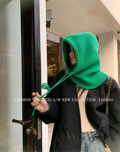 Winter Knitted Hooded Balaclava Hats for Women – Korean Style Outdoor Warmer Beanie with Drawstring Neck Collar