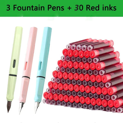 33PCS Kawaii Fountain Pen & Ink Set - Black Blue Red EF 0.38mm Replaceable Ink Pens for School Office Writing Supplies
