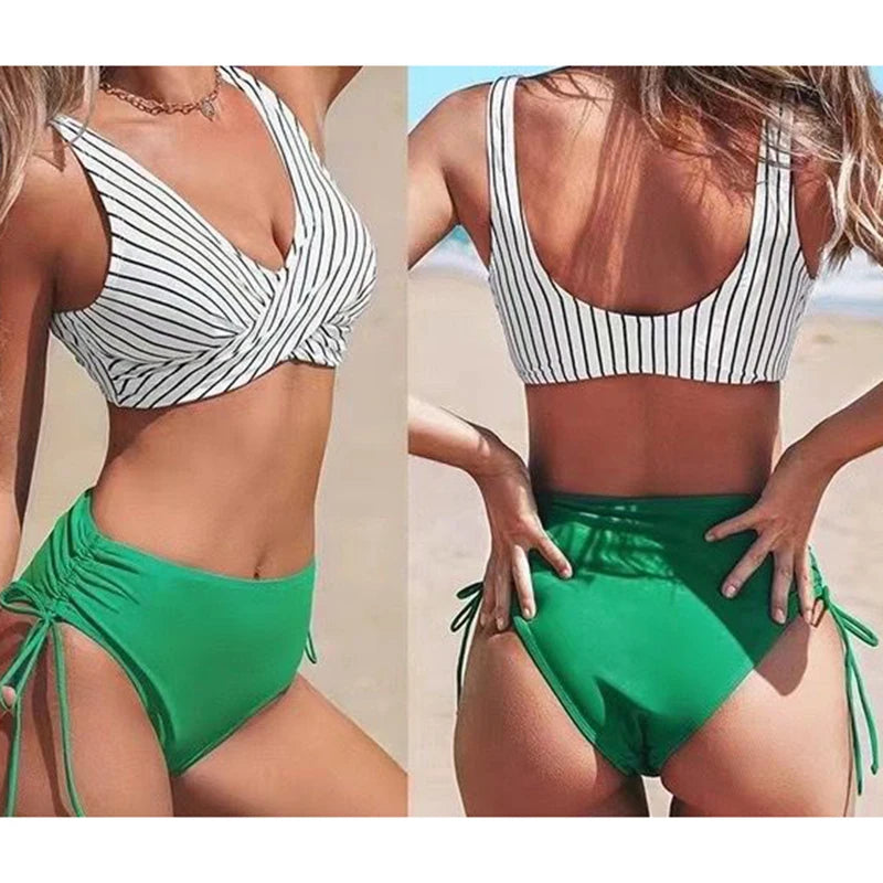 Vintage Printed Bikini Set – Women’s Cross Pleated Backless Lace-Up Push-Up Two-Piece Swimwear 2025 Beach Bathing Suit