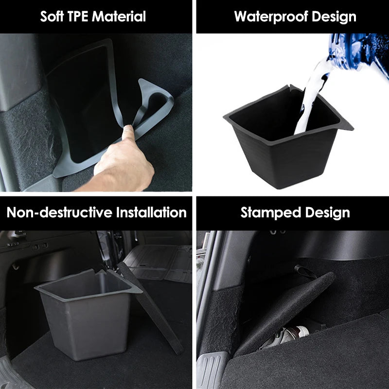Futhope Car Trunk Side Storage Box for Tesla Model Y 2018-2024 – Hollow Cover Organizer with Flocking Mat & Partition Board