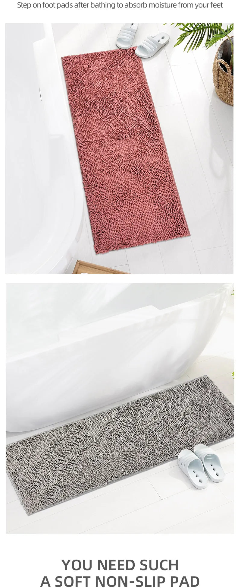 Chenille Long-Haired Bath Mat – Absorbent Bathroom Floor Mat for Tub, Living Room, and Entrance Foot Pad