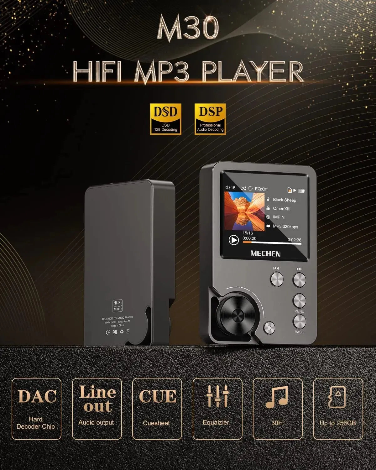 MECHEN M30 Lossless MP3 Player - HiFi Sound, 64GB Memory Card, Expandable Up to 256GB