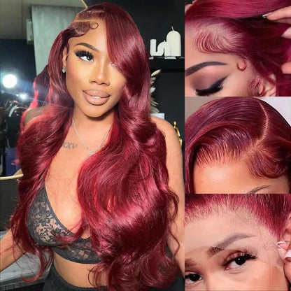 99J Burgundy Body Wave Human Hair Wig – 13x6 HD Transparent Lace Front, 30-40 Inch Curly Brazilian Hair for Women