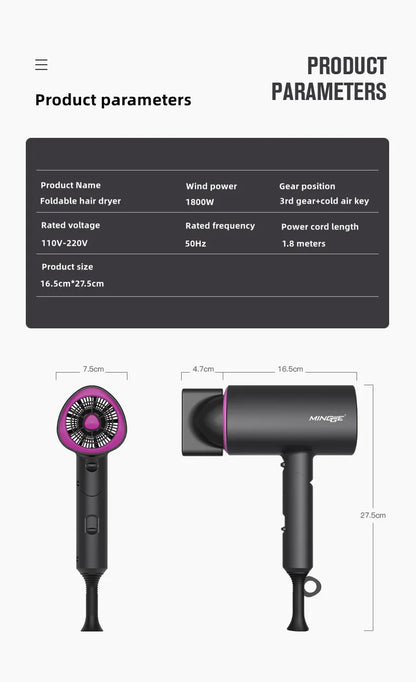 Professional Foldable Hair Dryer with Negative Ions & Blue Light – High Power Salon & Home Use
