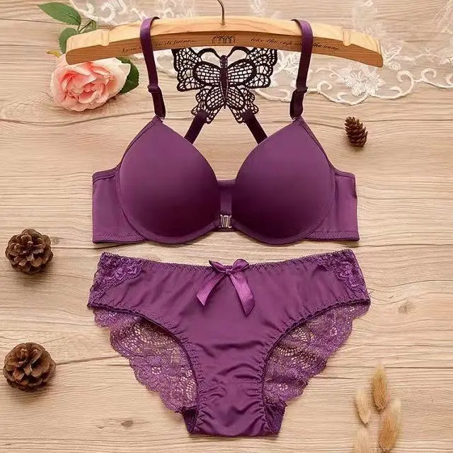 Women Butterfly Front Buckle Bra & Brief Set – Detachable Double Strap Sexy Sheer Lingerie Romantic Underwear Set