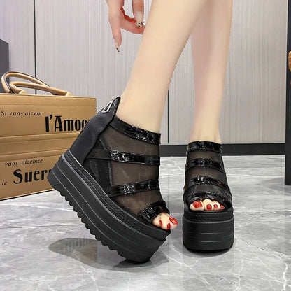 Women’s Platform Peep-Toe Mesh Sandals – Sexy Wedge Heels with Back Zipper