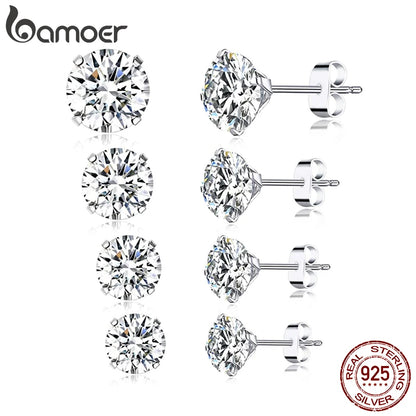 Bamoer 925 Sterling Silver CZ Stud Earrings – Platinum Plated Round Cubic Zirconia Barbell, Hypoallergenic, 4-7mm