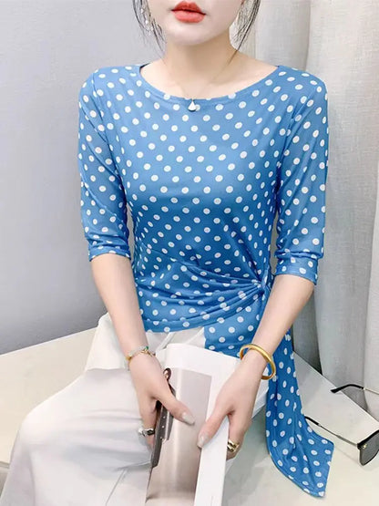 Women’s Polka Dot Mesh T-Shirt - Summer Half Sleeve Irregular Sweet Casual Top