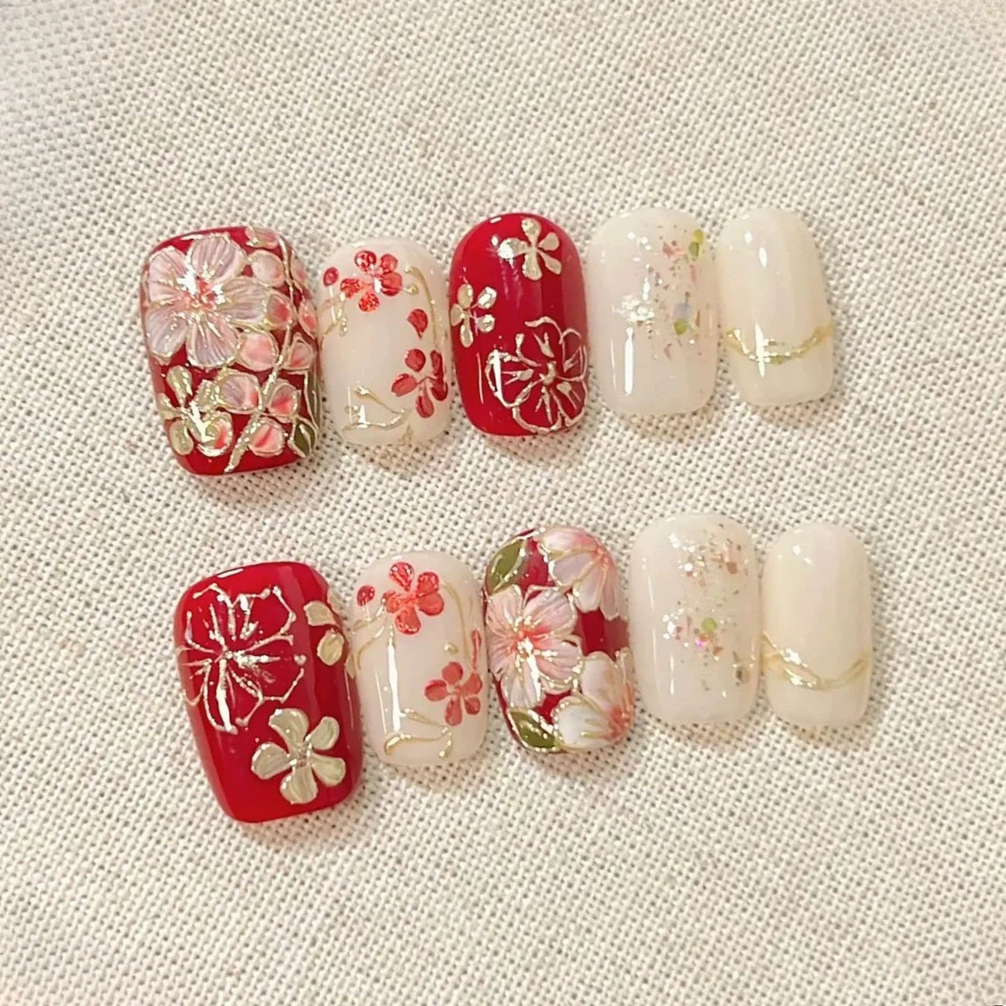 10 Pcs Handmade Short Square Press-On Nails – Full Cover Flower & Cat Eye Ballet False Nails Manicure Tips