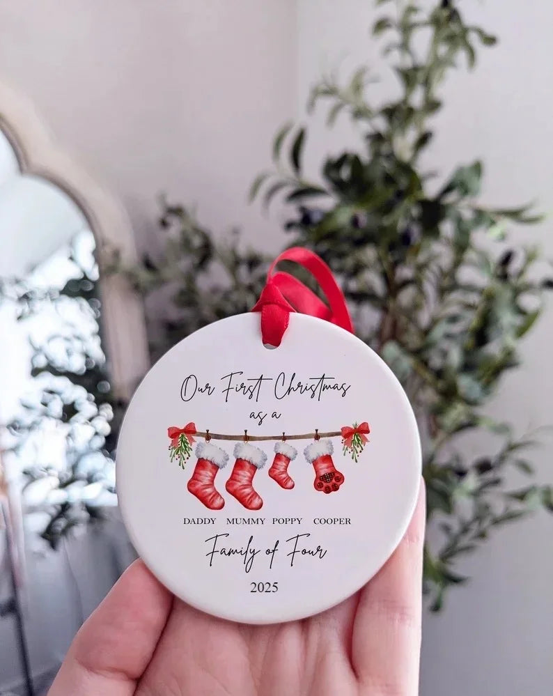 Personalized Family of 4 First Christmas Bauble – Baby’s 1st Xmas Ornament & Pet Decoration Favors