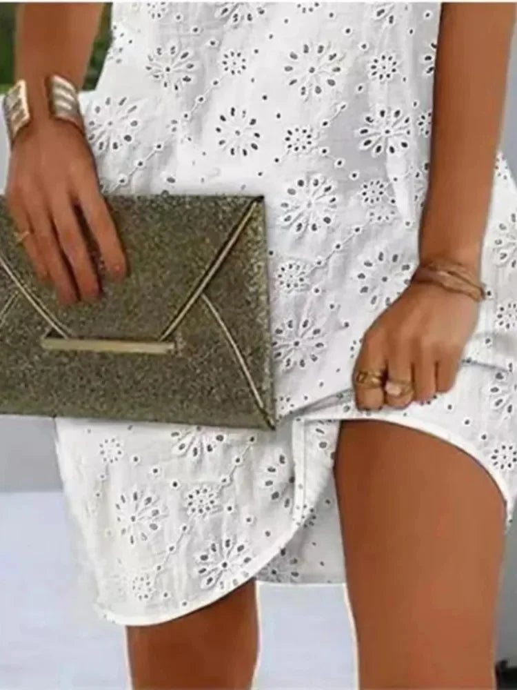Women's Elegant V-Neck Embroidered Dress - Sleeveless Eyelet Mini Dress with Tie Detail Summer Vacation Style