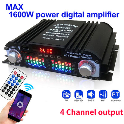 1600W Peak Power HiFi 4-Channel Digital Audio Amplifier – Bluetooth Karaoke Player with FM Radio & Remote Control