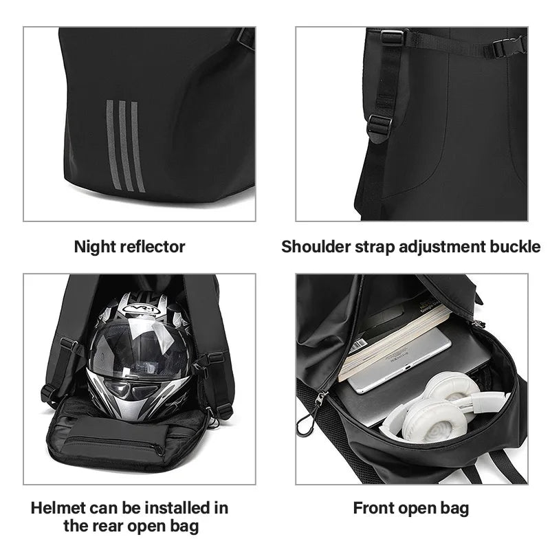 Black Motorcycle Helmet Backpack - Waterproof Laptop Backpack, Large Capacity, Ideal for Outdoor Sports, Riding, Hiking, and Travel