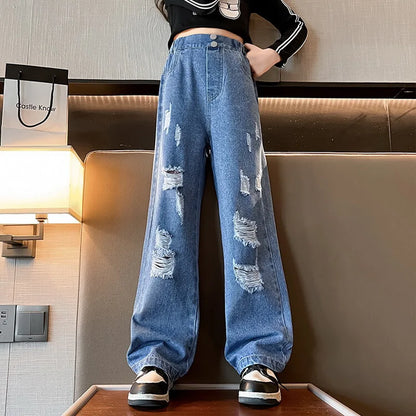 New 2024 Teenage Girls’ Blue Street Cartoon Jeans – Elastic Mid-Waist Loose Wide-Leg Denim Pants for Spring Fashion