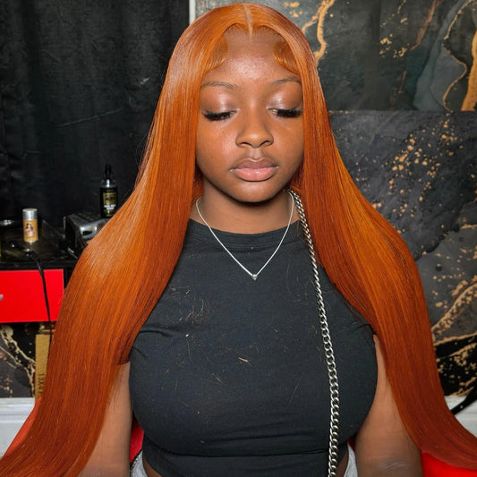 30 Inch Straight Orange Ginger Lace Front Wig – 350 Colored Brazilian Human Hair, 13x6 HD Transparent Lace Frontal for Women