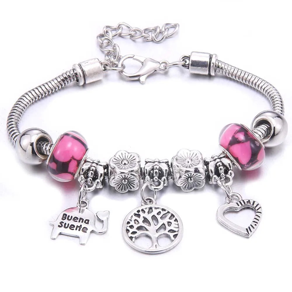 Pink Charm Bangle - Butterfly Snake Chain Bracelet with Beads and Lobster Clasp for Women