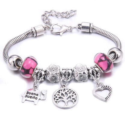 Pink Charm Bangle - Butterfly Snake Chain Bracelet with Beads and Lobster Clasp for Women