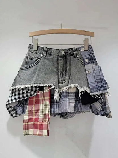 DEAT Women’s Denim Mini Skirt — Colored Plaid Patchwork Irregular A-Line, High Waist Summer 2025 Fashion Skirt