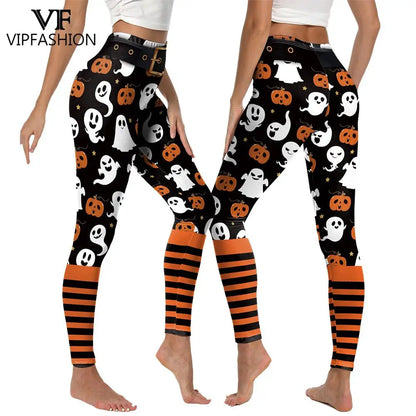 Women’s Halloween Leggings - Spooky Pumpkin Stripe Graphic Stretch Pants for Parties & Workouts