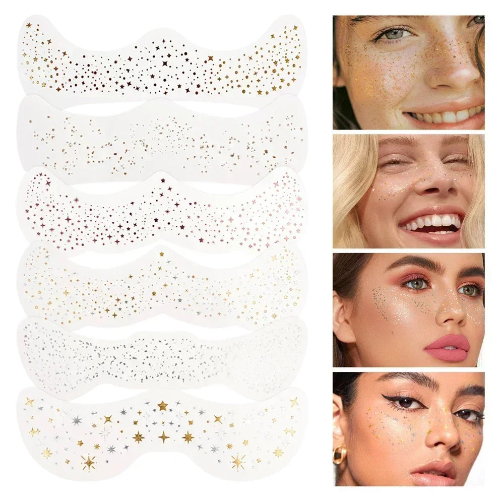 6pcs Hot Stamping Freckles Makeup Patches – Metallic Gold & Silver Temporary Tattoo Stickers for Face