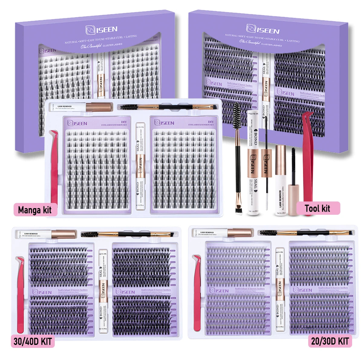 DIY Eyelash Extension Kit – Cluster Mix Eyelashes Set with Lash Bond & Seal, Tweezers & Brush for Full Lash Look