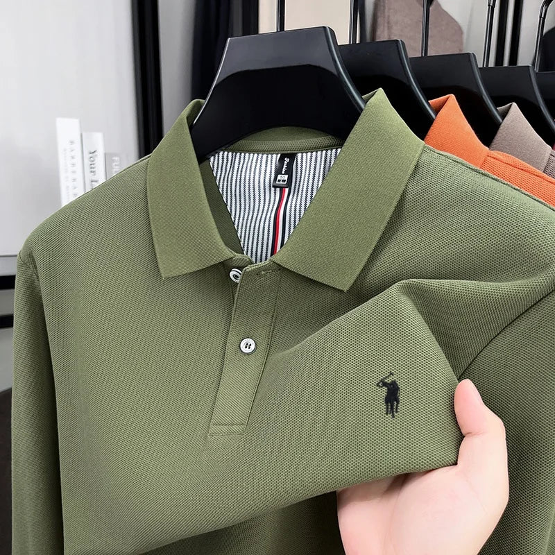 Men's 100% Cotton Long Sleeve Polo Shirt - Embroidered Business Casual Fashion Polo