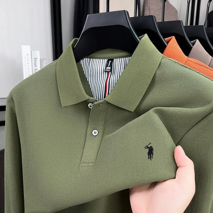 Men's 100% Cotton Long Sleeve Polo Shirt - Embroidered Business Casual Fashion Polo