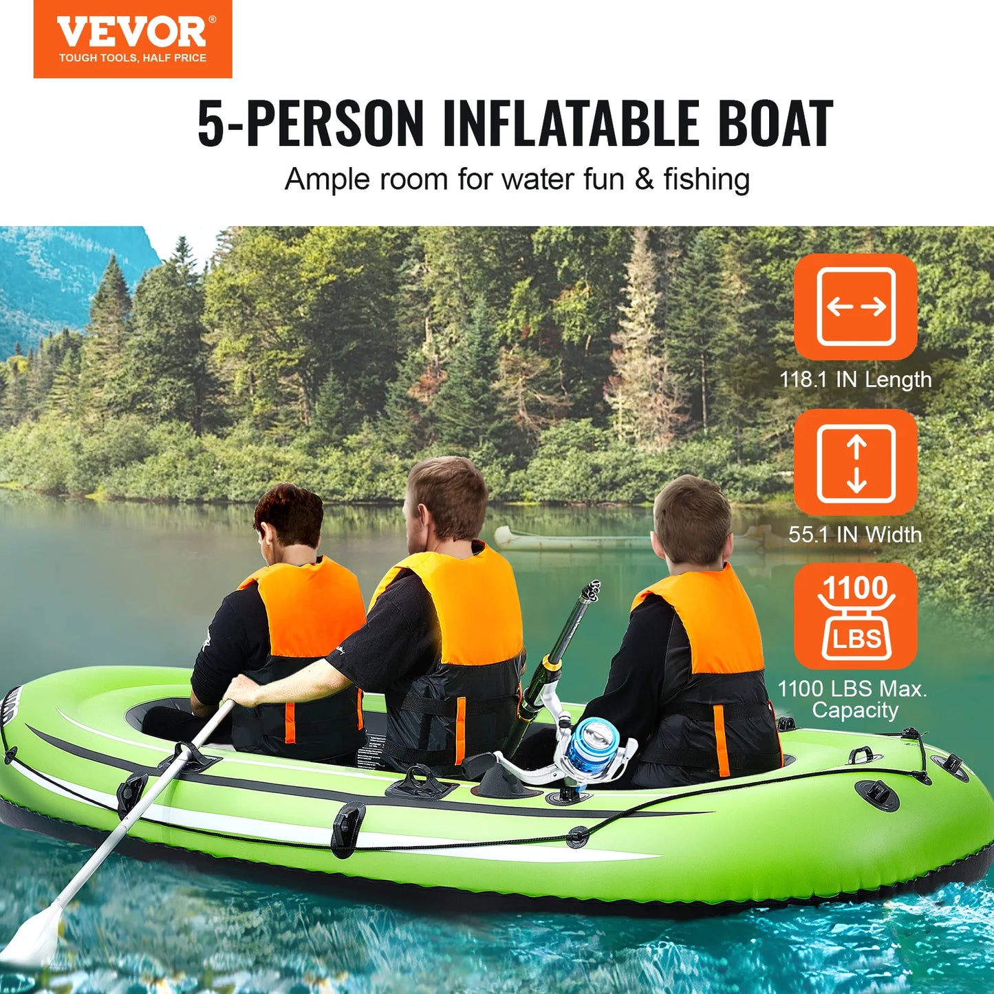 VEVOR 4-Person Inflatable Fishing Boat – Durable PVC Raft Kayak with 45.6" Aluminum Oars & High-Output Pump