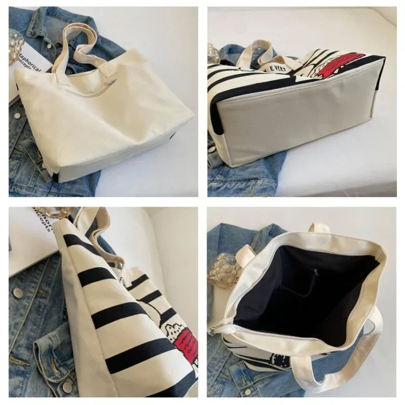 Disney Minnie & Snoopy Cartoon Canvas Tote Bag – Large Capacity Cute School & Mommy Bag for Books, Students & Everyday Use