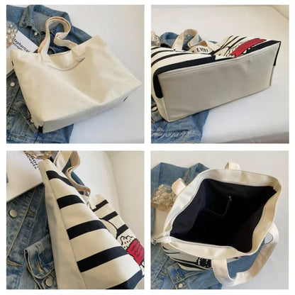 Disney Minnie & Snoopy Cartoon Canvas Tote Bag – Large Capacity Cute School & Mommy Bag for Books, Students & Everyday Use