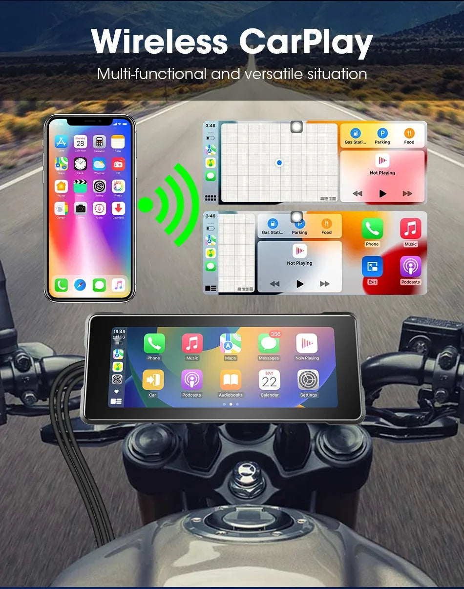 7-Inch Motorcycle GPS Navigation with Wireless Apple CarPlay & Android Auto – Waterproof Touchscreen Display, BT Connectivity, IPX7