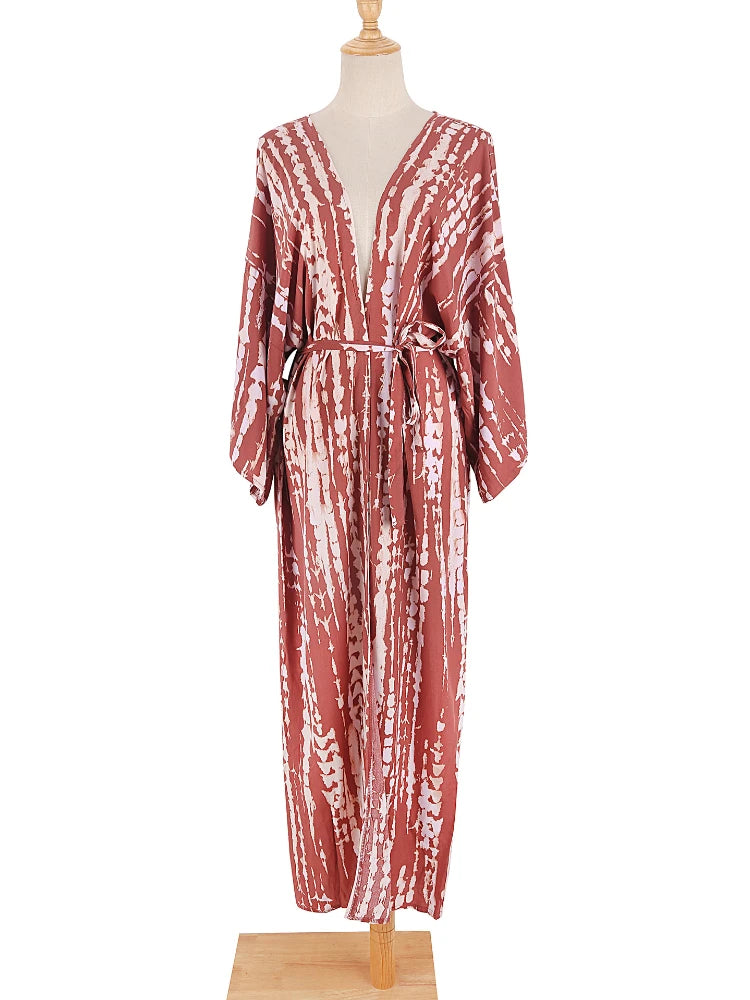 Tie-Dye Bikini Cover Up Kimono – Bohemian Beach Swimsuit Cape Pareo Dress with Belted Wrap Style Summer Swimwear Cover-Up