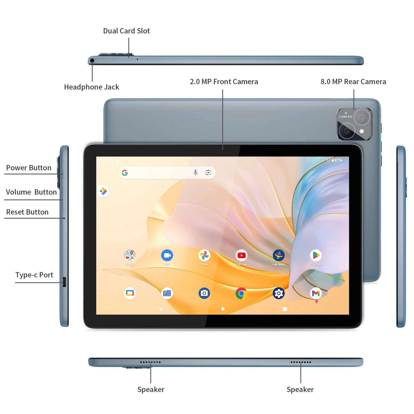 PRITOM TAB11 10-Inch Android 14 Tablet – 8GB RAM + 128GB ROM, Octa-Core, 5G WiFi with Keyboard, Mouse & Case