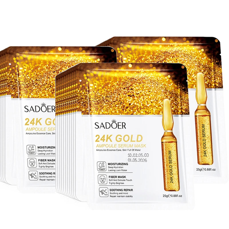 10pcs SADOER 24K Gold Face Masks – Vitamin C & Hyaluronic Acid for Moisturizing, Firming & Hydrating Skin Care