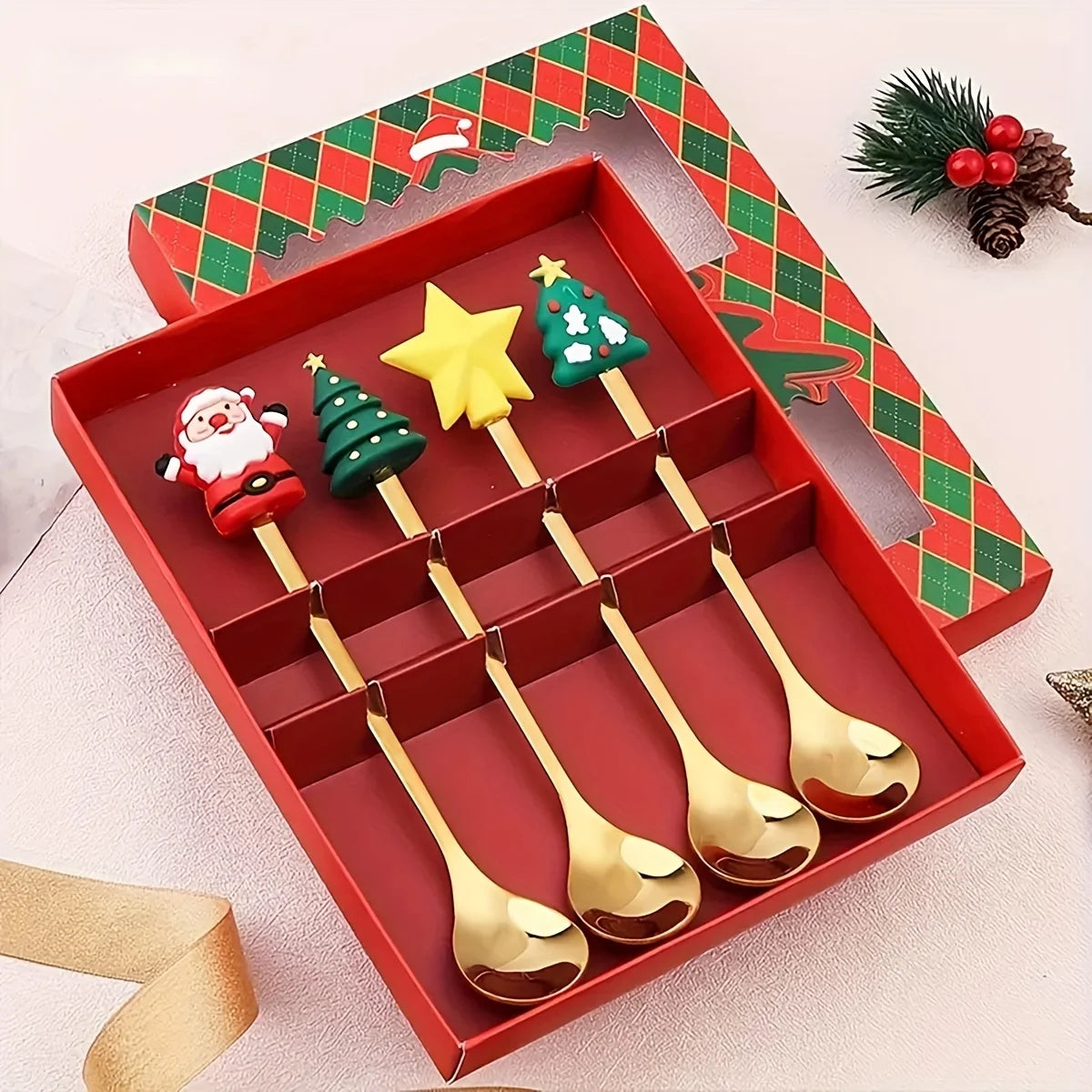 2/4/6 Pcs Christmas Fork and Spoon Set – Stainless Steel Creative Tableware | Coffee, Tea, and Dessert Forks and Spoons Gift Set