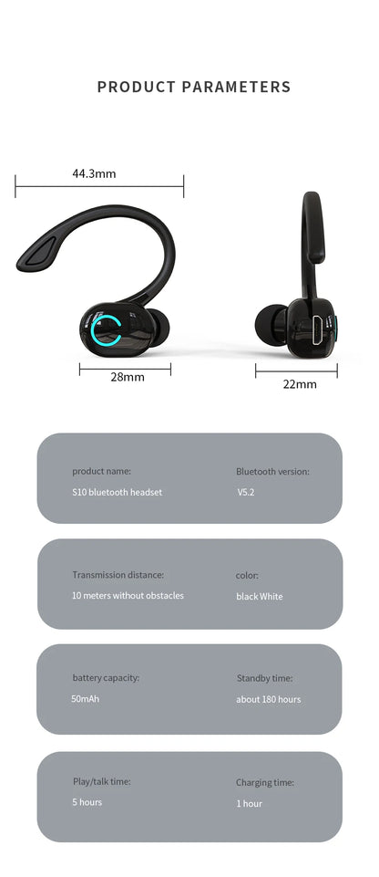 VAORLO Bluetooth 5.2 Ear-Hook Headphones – Mini HIFI Bass Wireless Earphones with Mic for Sports & Gaming