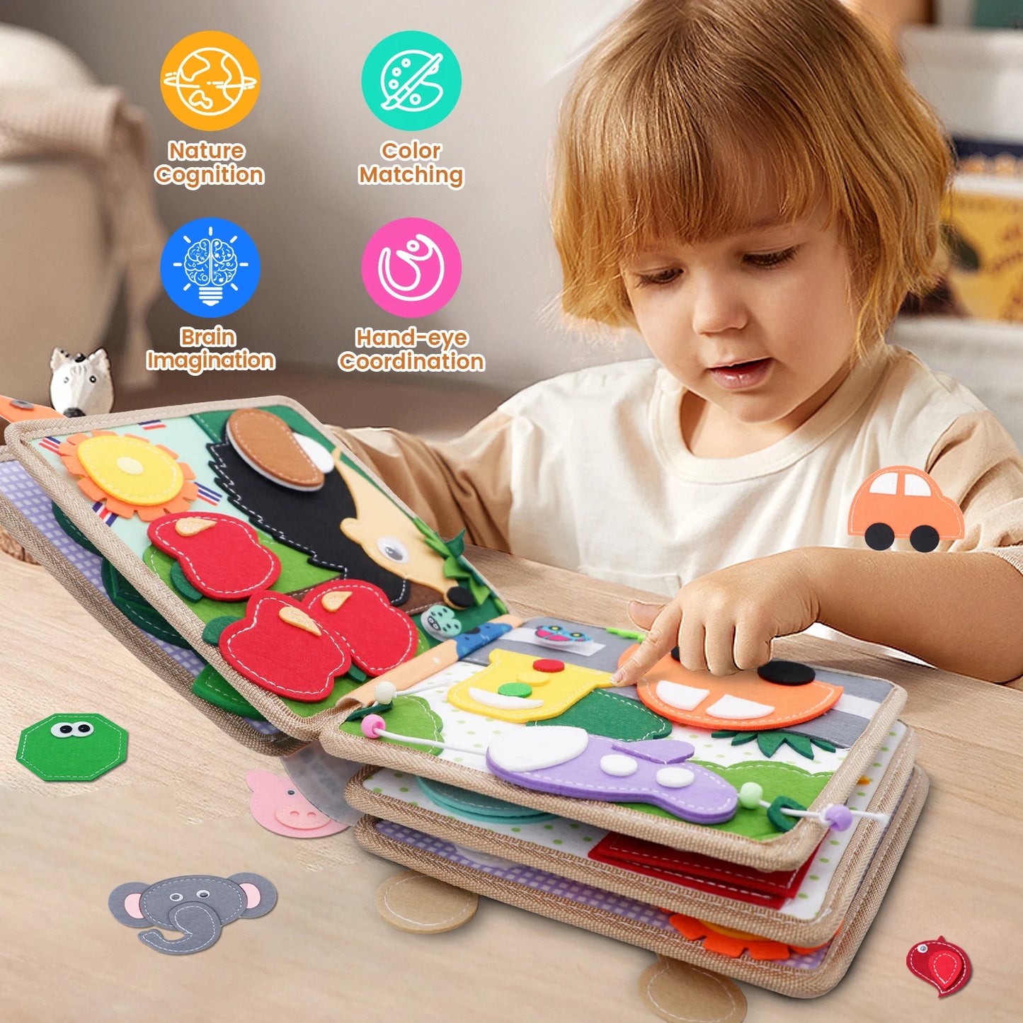 Toddler Montessori Busy Board – Giraffe Felt Quiet Book, Educational Travel Toy for Kids