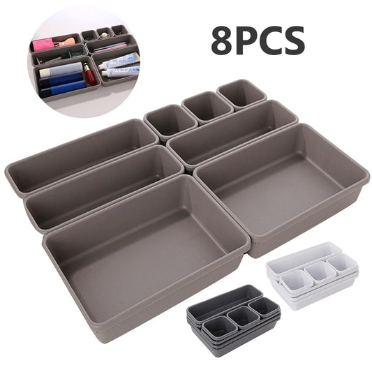 8Pcs Adjustable Drawer Organizer Set – Multi-Purpose Storage Trays for Makeup, Cosmetics, Jewelry, Kitchen & Bathroom Dividers